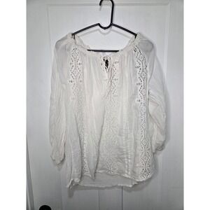 Chic Connection White Eyelet Lace Peasant Blouse Cotton Boho Top 1X Plus Size
